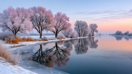 Frosty trees along a calm river reflecting a pink and blue winter sunriseの素材