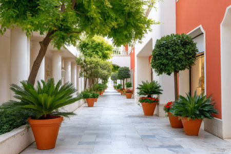 Pedestrian alley showcasing terra cotta pots with plants, trees, and classic architectureの素材