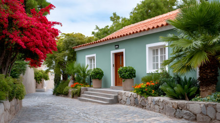 Residential building with plants and flowers along a charming European streetの素材