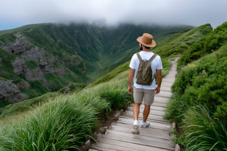 Man with backpack walking a wooden trail overlooking a dramatic mountain valleyの素材
