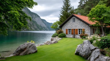 Traditional stone house sitting by a clear lake with surrounding mountains and green natureの素材