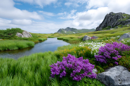 Mountain river flowing through green grass and colorful blooming wildflowers under a blue skyの素材