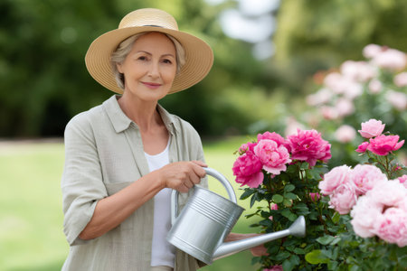 Senior woman smiling, wearing a straw hat while watering pink roses in a gardenの素材