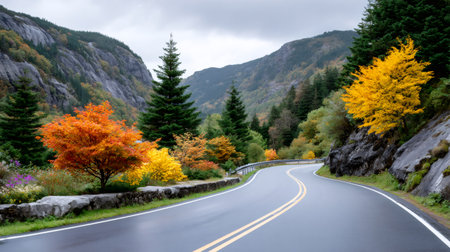 Mountain road curving through colorful autumn trees and a rocky landscapeの素材