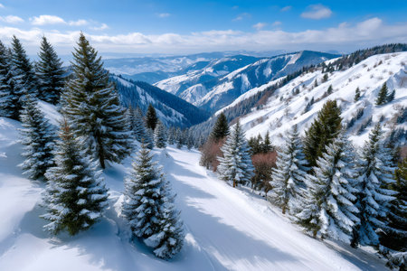 Ski trail winding through a pristine winter landscape with frosted fir trees and distant snowy peaksの素材