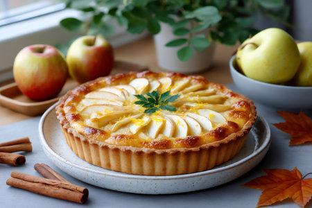 Apple tart on a plate with cinnamon sticks, autumn leaves, and fresh applesの素材