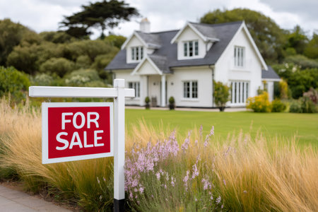For sale sign standing in front of a white residential house with a green lawnの素材