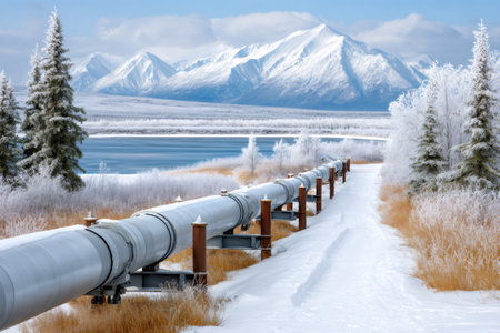 Trans-Alaska Pipeline System carrying oil across a vast snowy winter landscape in Alaskaの素材