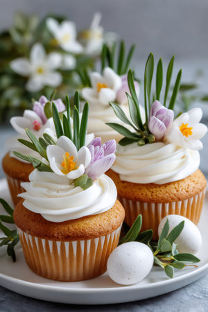 Easter cupcakes with white frosting decorated with crocus flowers and eggs on a white plateの素材