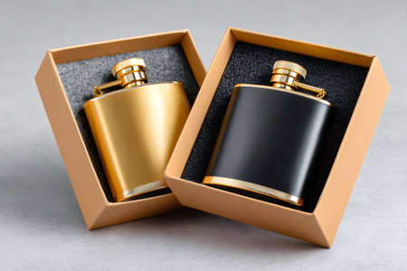 Two personal hip flasks in gold and black, presented inside individual gift boxesの素材