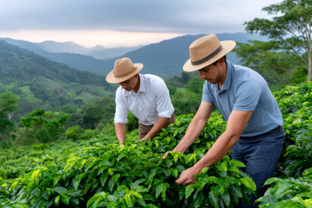 Two men wearing hats picking coffee cherries on a vast mountain plantationの素材