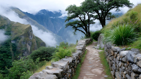 Stone path along the Inca Trail, Peru, with lush vegetation and misty mountain viewsの素材
