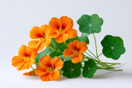 Nasturtium flowers showcasing vibrant orange petals and round green leavesの素材