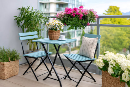 Balcony featuring outdoor furniture, plants, and flowers, offering an urban oasisの素材