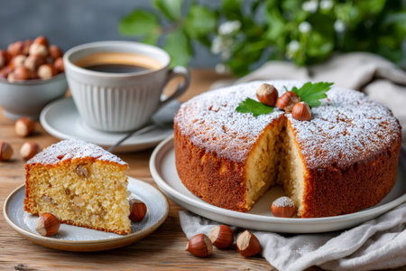 Hazelnut cake with powdered sugar and coffee on a rustic wooden tableの素材