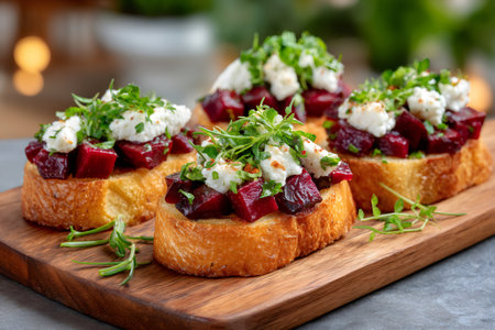 Beetroot bruschetta with creamy goat cheese and fresh microgreens is a healthy vegetarian appetizerの素材