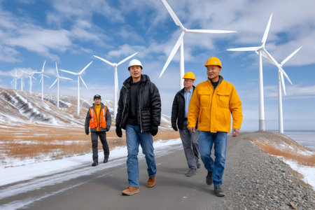 Engineers and workers walking along a road near wind turbines, representing renewable energy and sustainabilityの素材