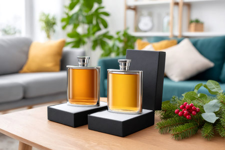 Hip flasks filled with whiskey resting in gift boxes on a table with Christmas decorationの素材