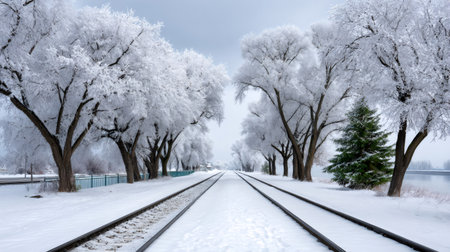 Snow-covered railroad tracks leading into the distance, framed by frosted trees and a peaceful winter landscapeの素材