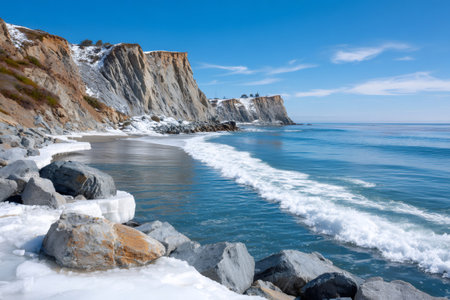 Ocean waves breaking on an icy beach with snow-covered rocks and cliffsの素材