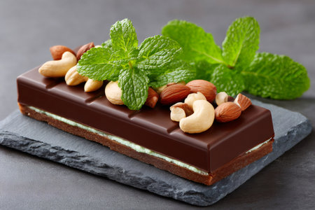 Chocolate bar featuring mint layer, topped with fresh mint leaves and mixed nuts on dark slateの素材