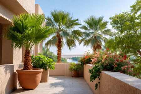 Resort balcony showing potted palm trees and flowering plants overlooking a river and desert landscapeの素材