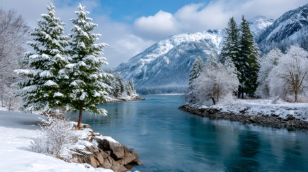Winter landscape showing snow-covered mountains, evergreen trees, and a vibrant turquoise riverの素材