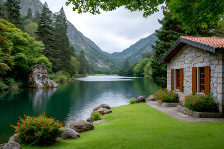 Stone cabin standing beside a serene lake surrounded by green mountains and lush treesの素材