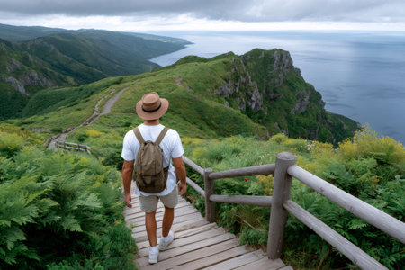 Hiker walking down a wooden path with a backpack, observing the vast green landscape and oceanの素材