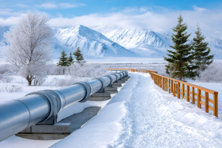 Trans-Alaska Pipeline System extending through a winter landscape with mountains and snowの素材