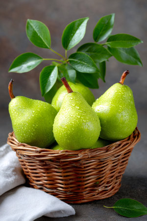 Green pears with fresh water drops filling a woven basket on a dark backgroundの素材