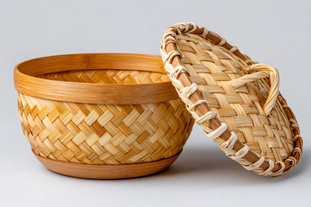 Bamboo woven basket showing a traditional craft handmade from natural woodの素材