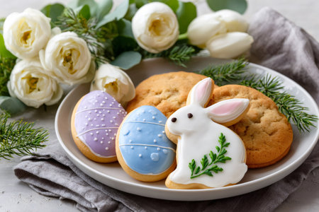 Easter sugar cookies shaped like bunnies and eggs with icing on a plateの素材