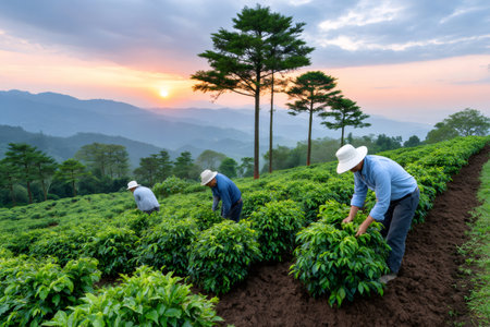 Farmers tending coffee plants on a hillside plantation during sunset, illustrating agricultural laborの素材