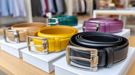 Colorful leather belts with buckles showcasing style and quality on display in a retail storeの素材