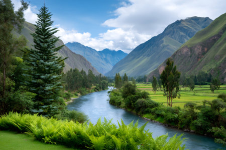 Urubamba River winding through a lush green valley with Andes mountains surrounding itの素材