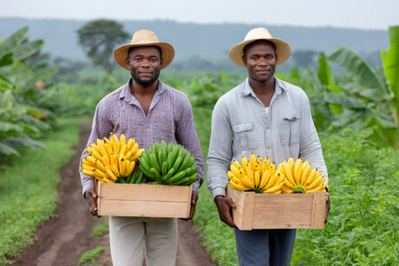 Two African men in straw hats carrying wooden crates filled with ripe and unripe bananasの素材