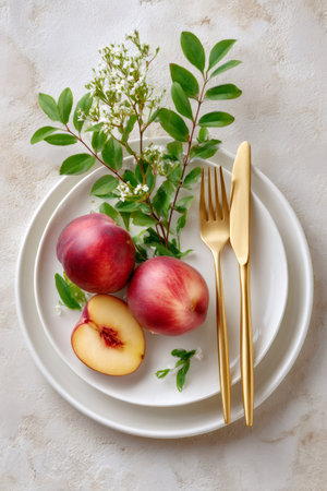 Fresh whole and sliced nectarines with decorative branches and golden cutlery on white platesの素材