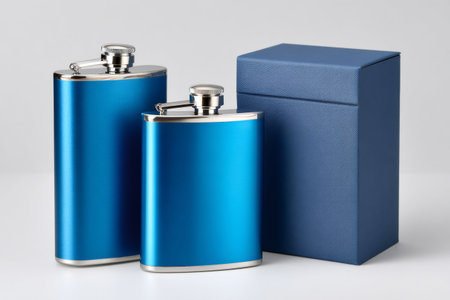 Two metallic blue hip flasks standing next to a dark blue gift boxの素材
