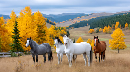 Four horses are standing together in a golden autumn field with vibrant yellow trees and green hillsの素材