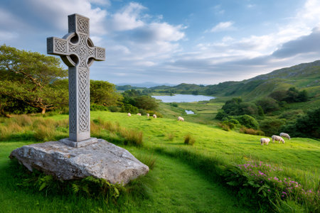 Celtic cross standing in a green field with grazing sheep, overlooking a lake and hills in Irelandの素材
