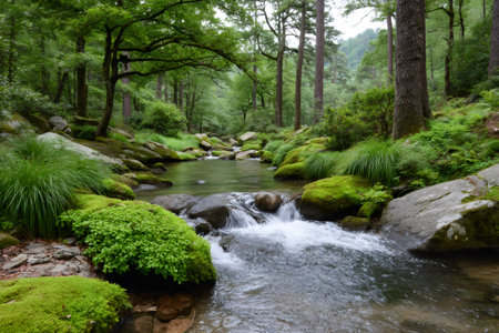 Forest stream waters winding among mossy rocks and green trees, creating a serene landscapeの素材