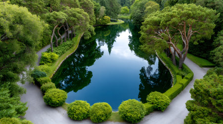 Formal garden landscape featuring a winding lake reflecting green trees under summer skyの素材