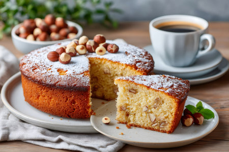 Hazelnut cake with powdered sugar and whole roasted hazelnuts on a wooden table with coffeeの素材
