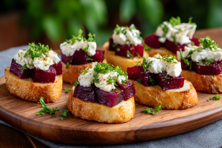 Beetroot and goat cheese bruschetta arranged on a wooden serving board, ready to eatの素材