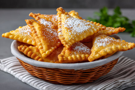 Golden fried pastries dusting with powdered sugar in a wicker basket on a stripped clothの素材