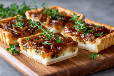Savory onion and goat cheese tarts on a wooden board ready for servingの素材