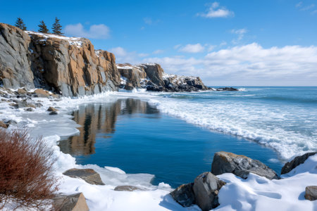 Winter ocean landscape showing a rocky coast, snow, ice, and blue skies with cloudsの素材