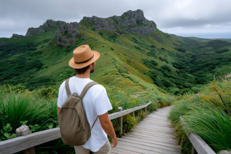 Hiker with backpack walking down wooden path exploring beautiful green mountain valleyの素材