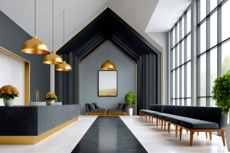 Contemporary hotel lobby with a large reception desk, elegant waiting area, and high windowsの素材